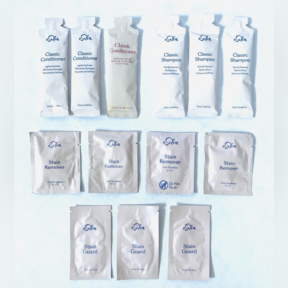 Lot of 13 eSalon Shampoo Conditioner Stain Remover Stain Guard Travel Packets